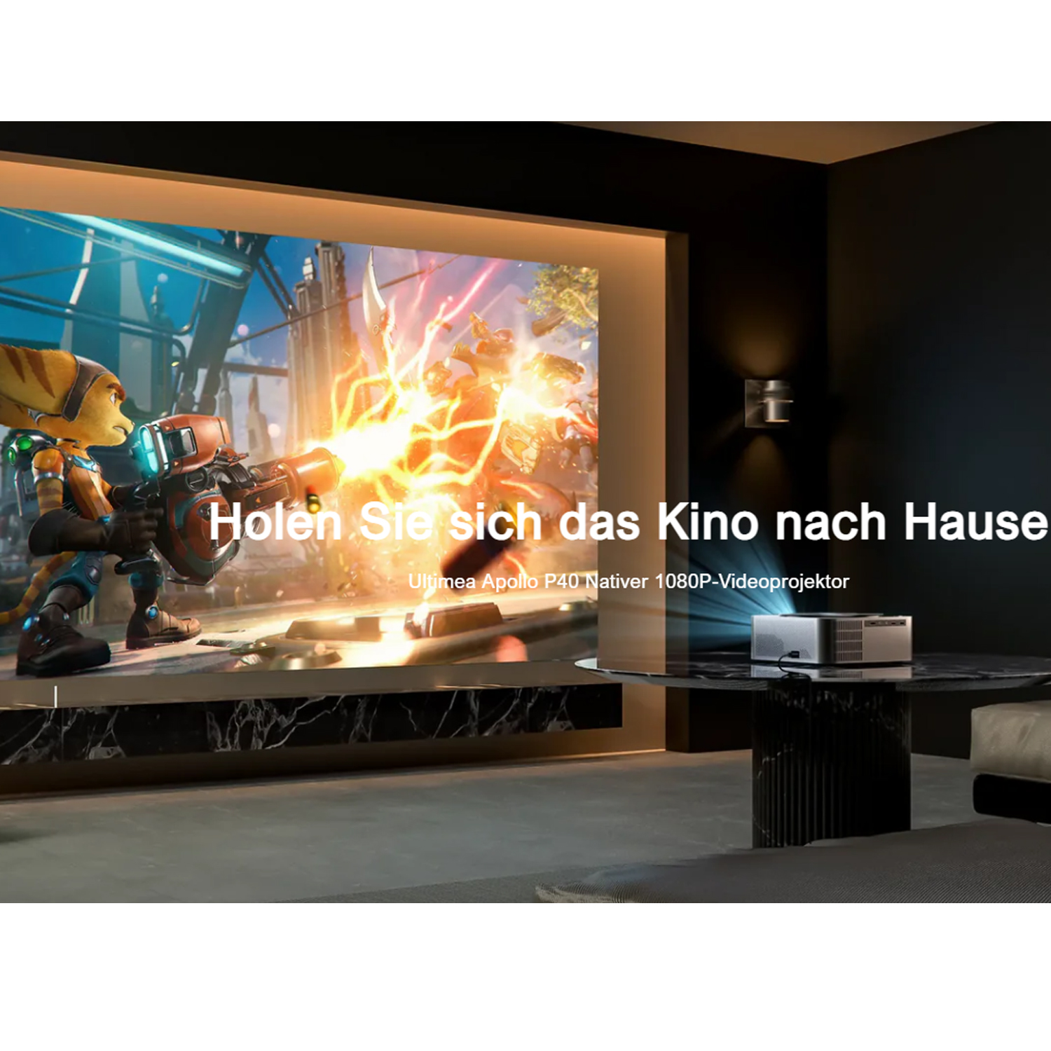 Ein Projektor, der einen Film auf eine Leinwand projiziert. Zeigt eine Szene aus einem Cartoon. Der Raum ist dunkel.
