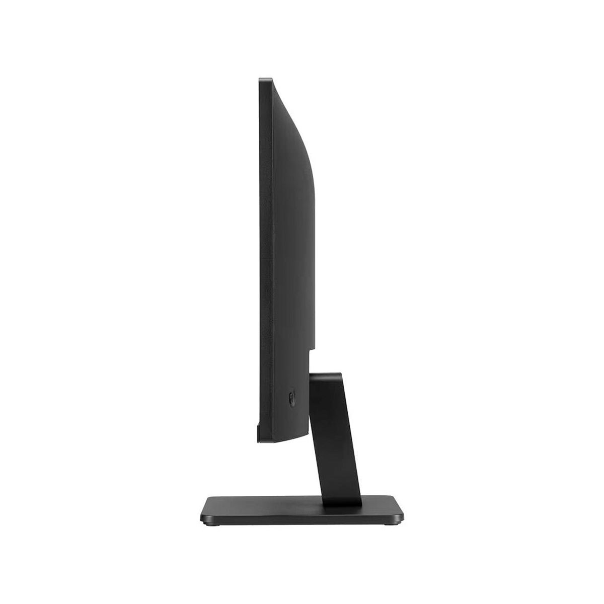 Monitor de computadora negro de lado. Con soporte y perfil delgado, sobre fondo blanco.