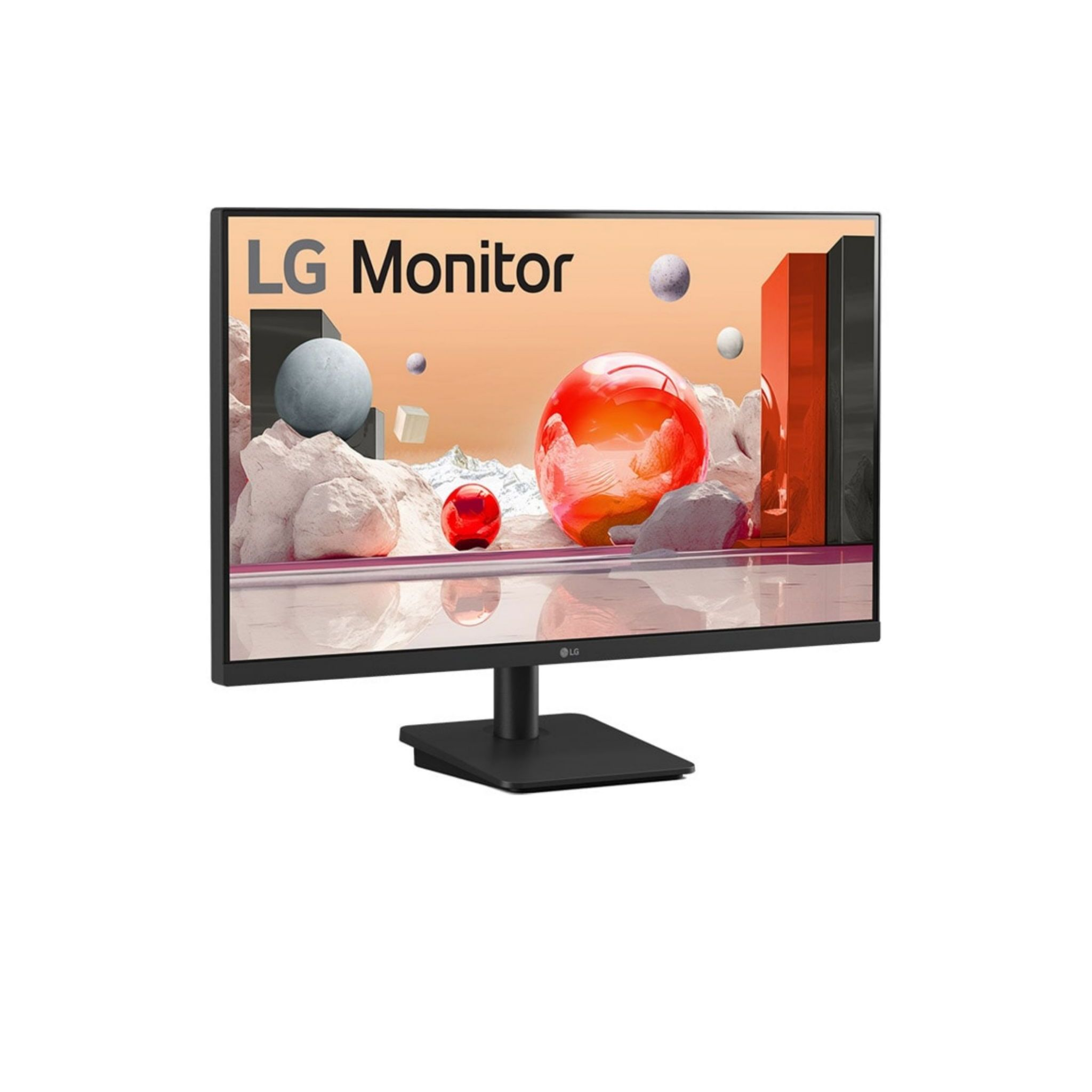 Monitor LG negro con soporte negro. La pantalla muestra formas abstractas coloridas. Fondo blanco.