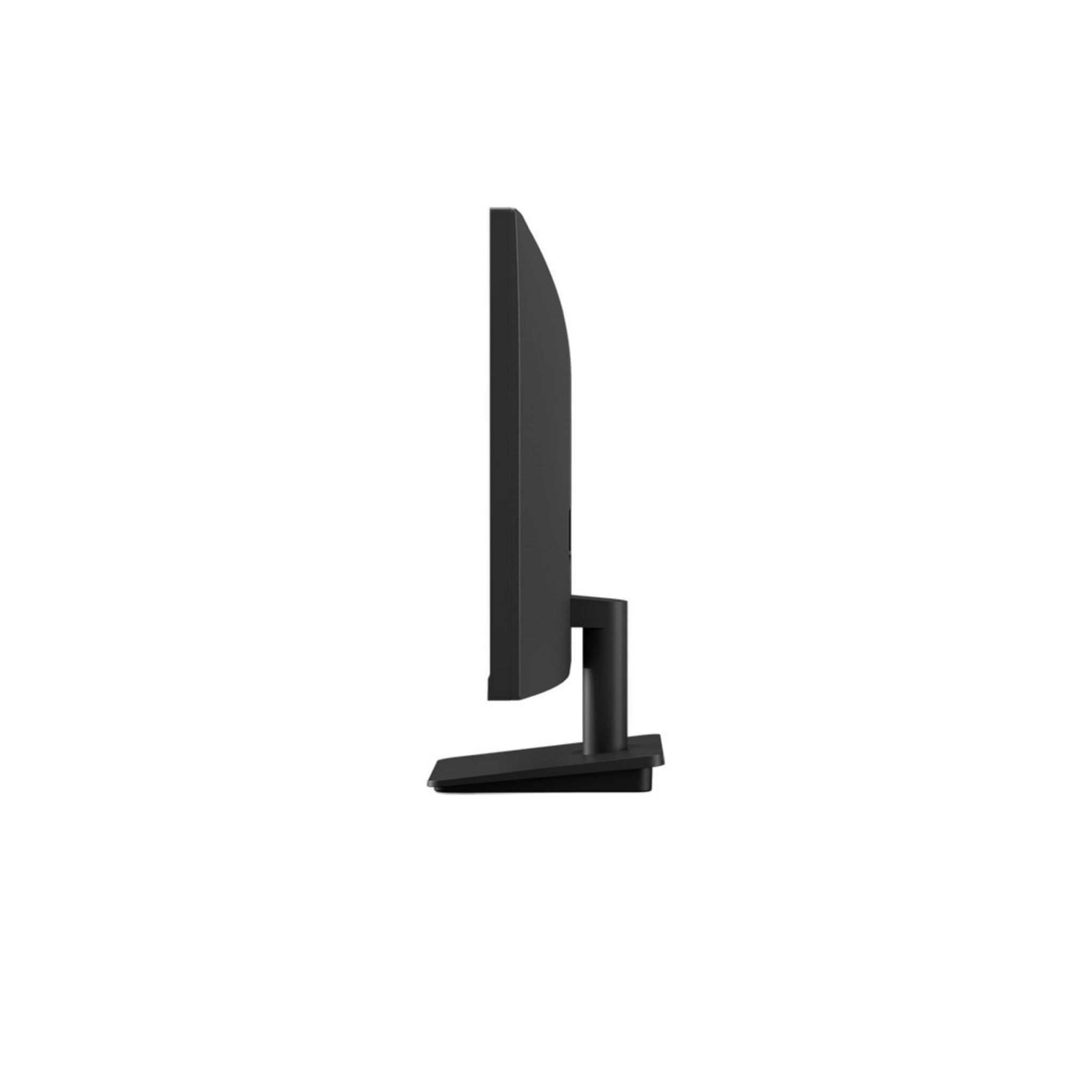 Un monitor de computadora negro de perfil. La pantalla está oscura. Está sobre un fondo blanco.