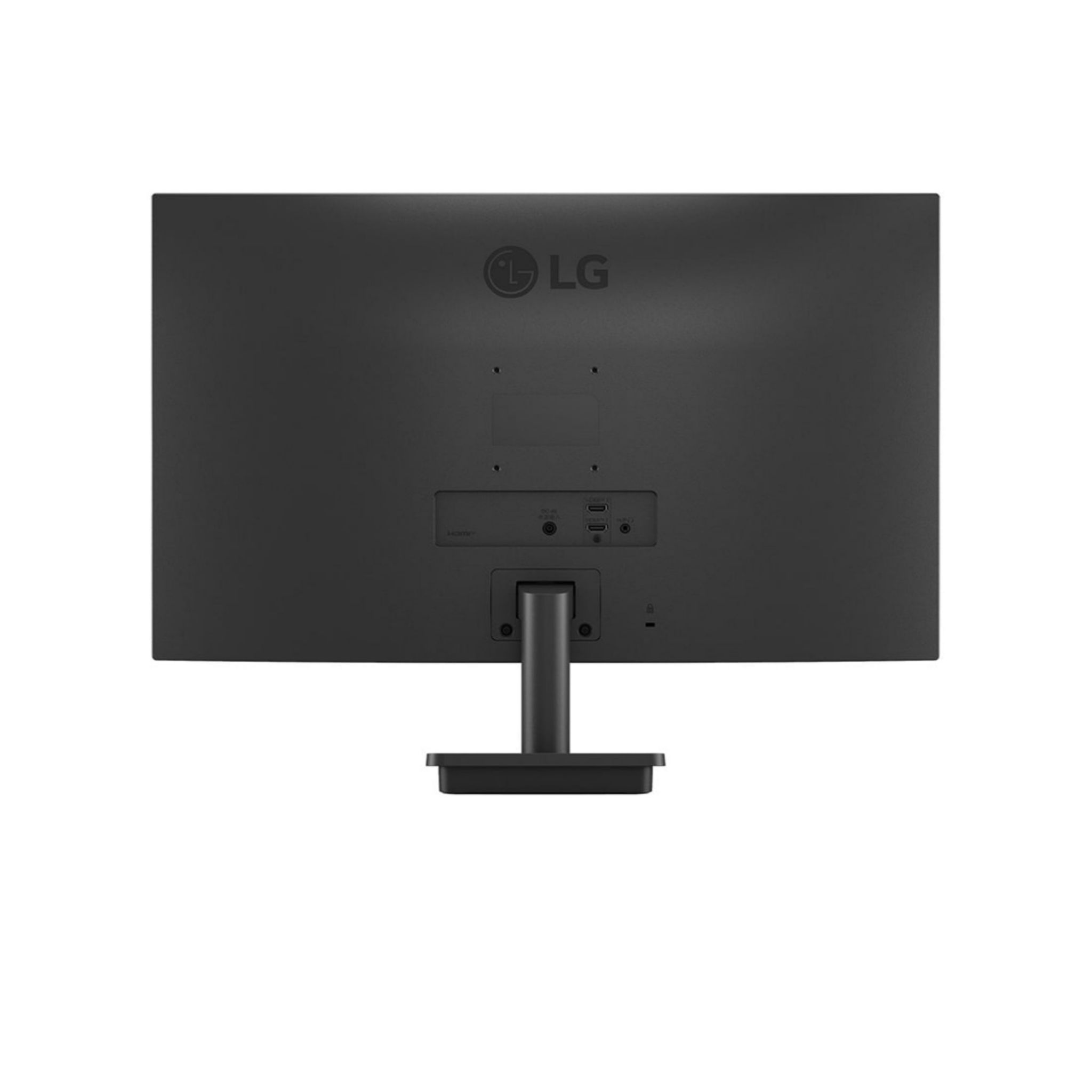 Parte trasera de un monitor de ordenador negro. Incluye puertos, soporte y un logotipo.