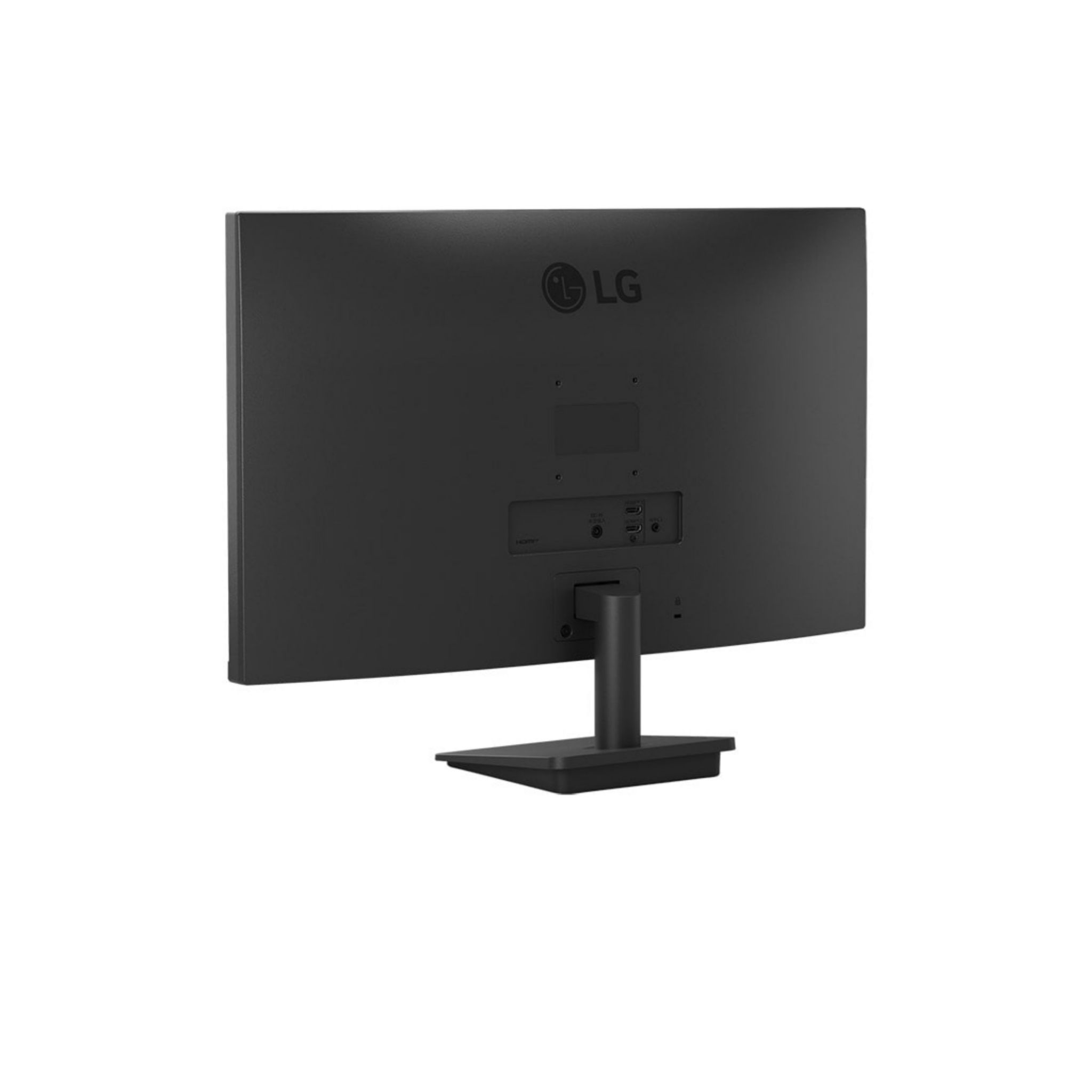 Monitor LG negro, vista trasera. Incluye puertos, soporte y el logotipo LG.