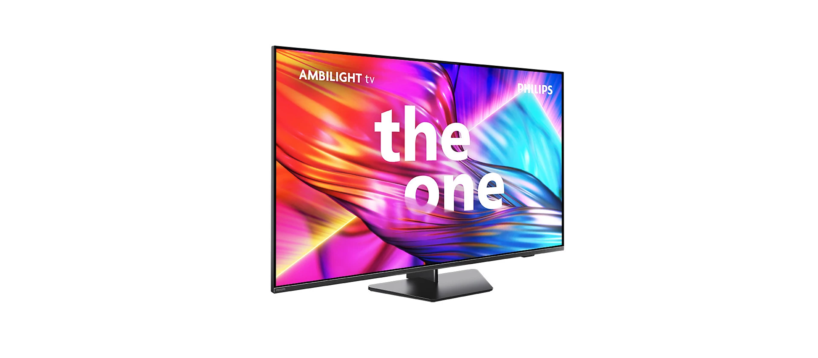 Telewizor Philips Ambilight. Telewizor ma napis "the one" i kolorowe tło.