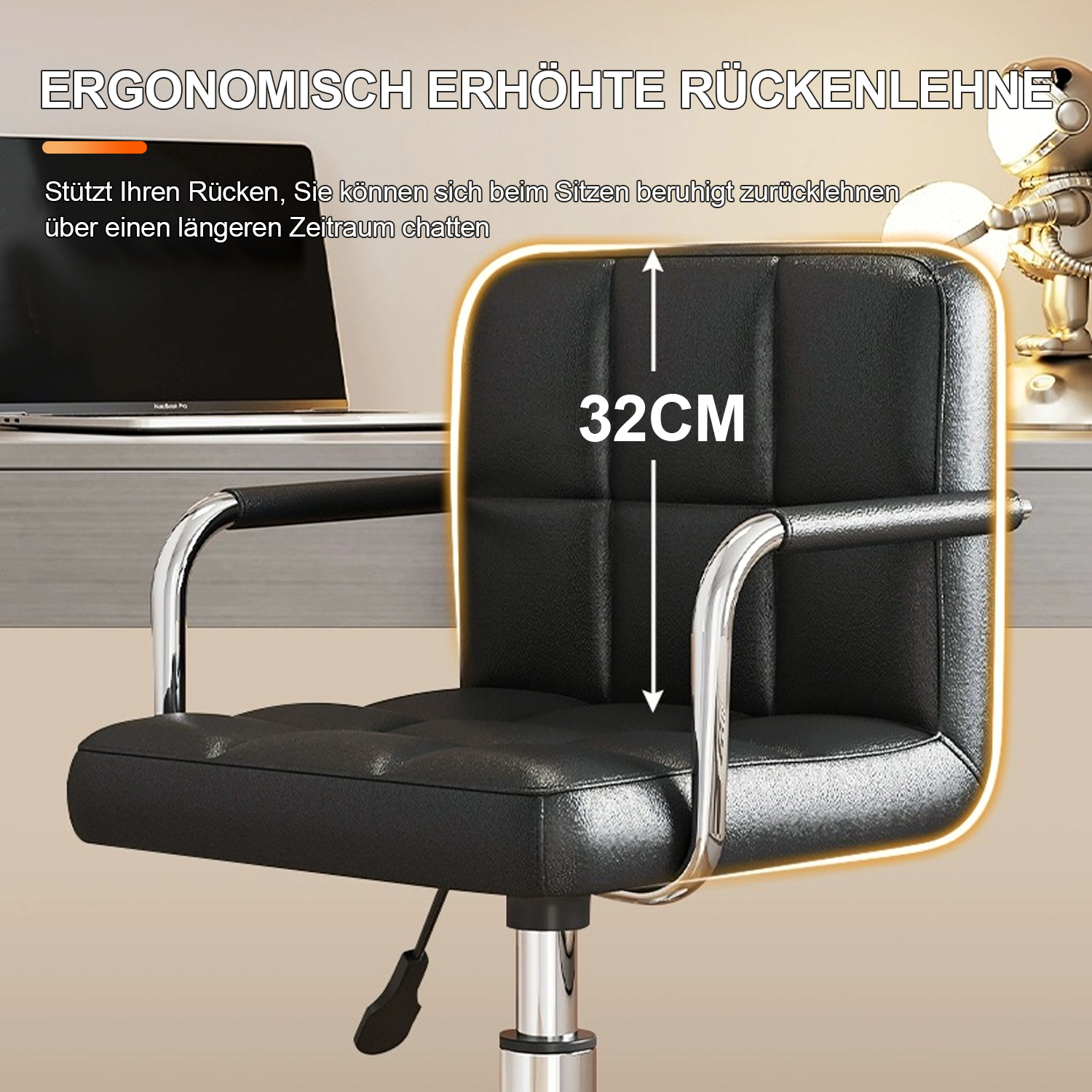 Schwarzer Bürostuhl mit 32cm Rückenlehnenhöhe und Chromakzenten.