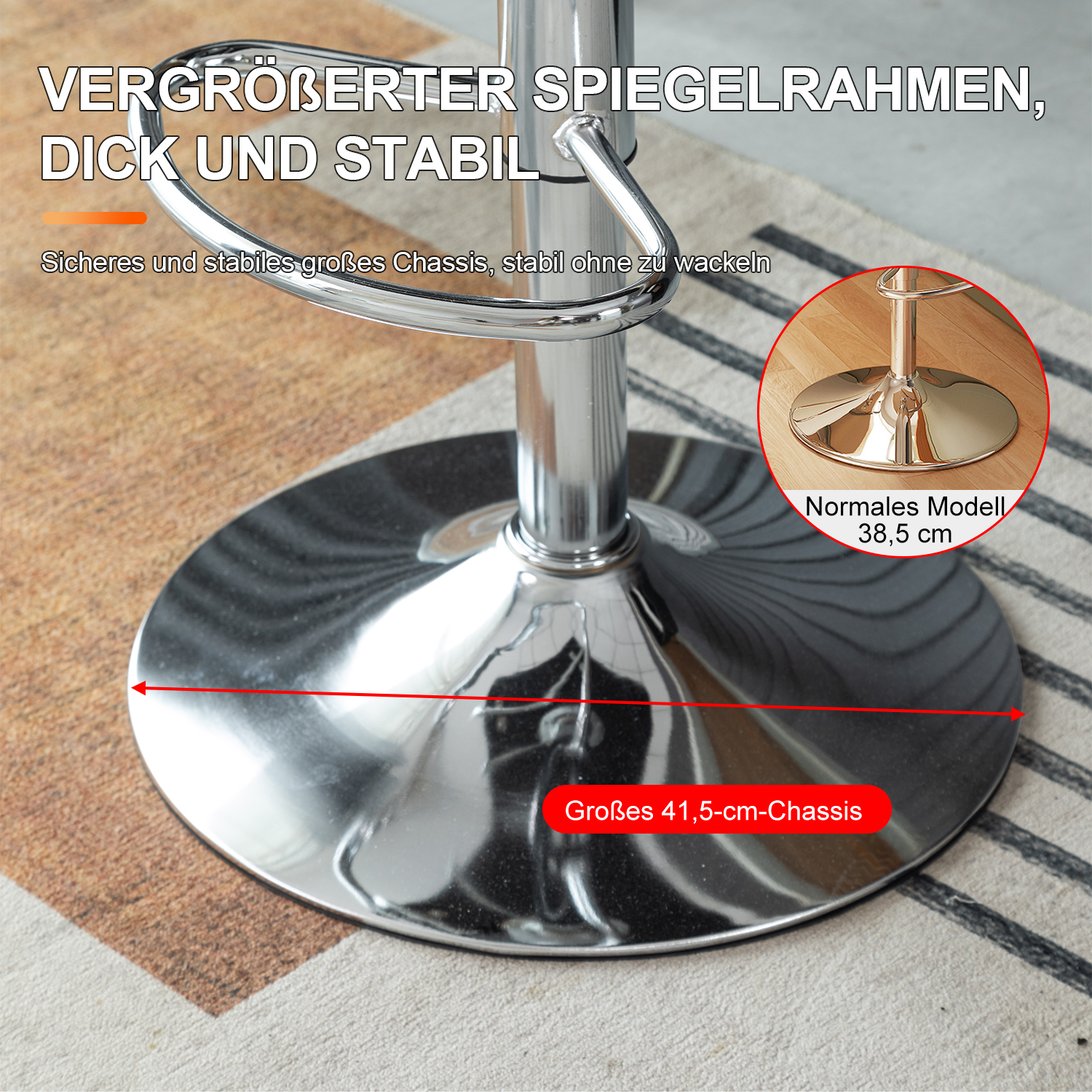 Ein verchromter Barhockerfuß mit vergrößertem Chassis, 41,5 cm Durchmesser.