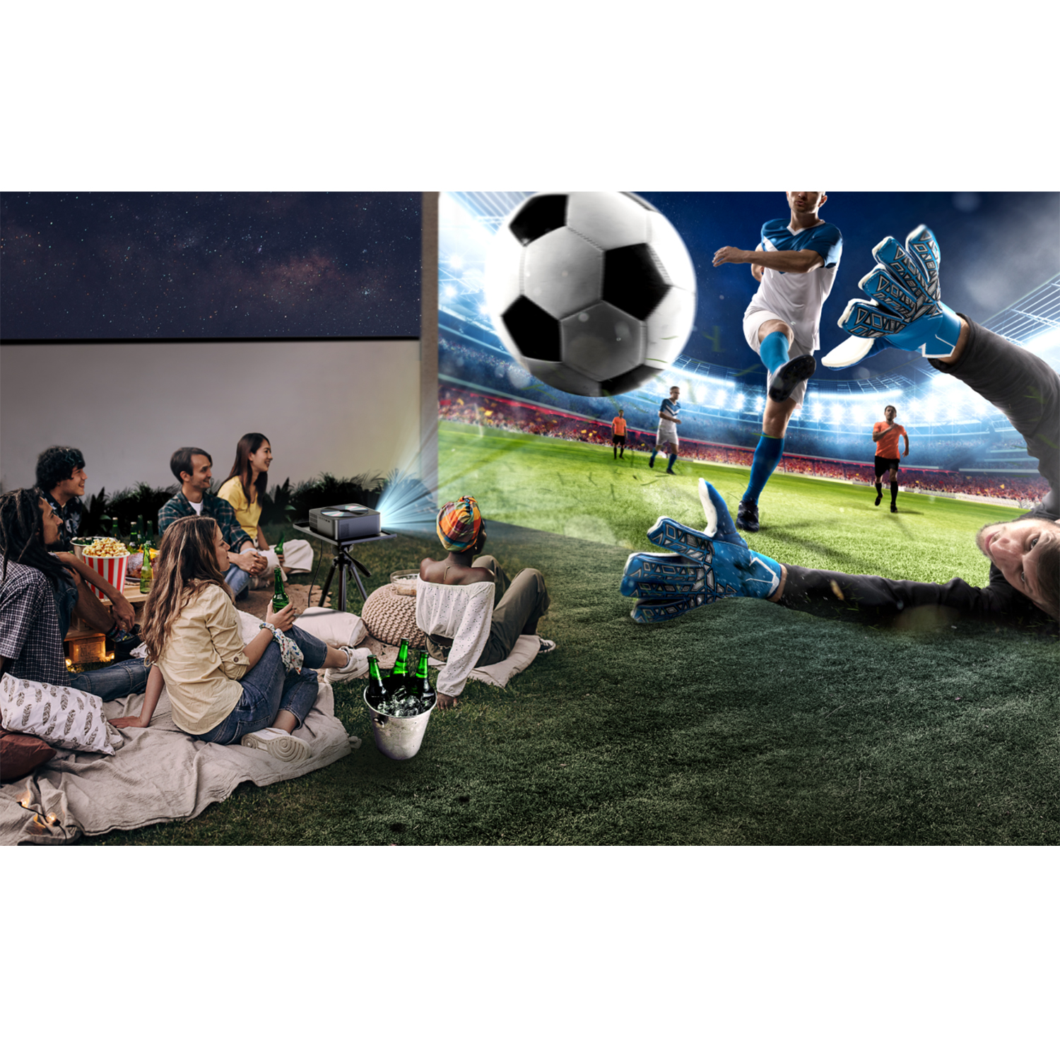 Leute schauen ein Fußballspiel auf einer großen Leinwand mit einem Projektor, mit einer Fußballszene.