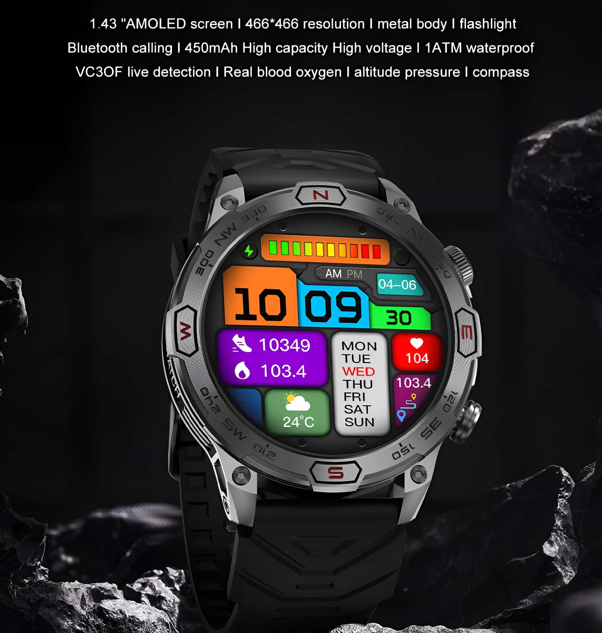 Eine Smartwatch mit farbenfrohem Display, das verschiedene Gesundheits- und Zeitmesswerte auf einem schwarzen Armband anzeigt.