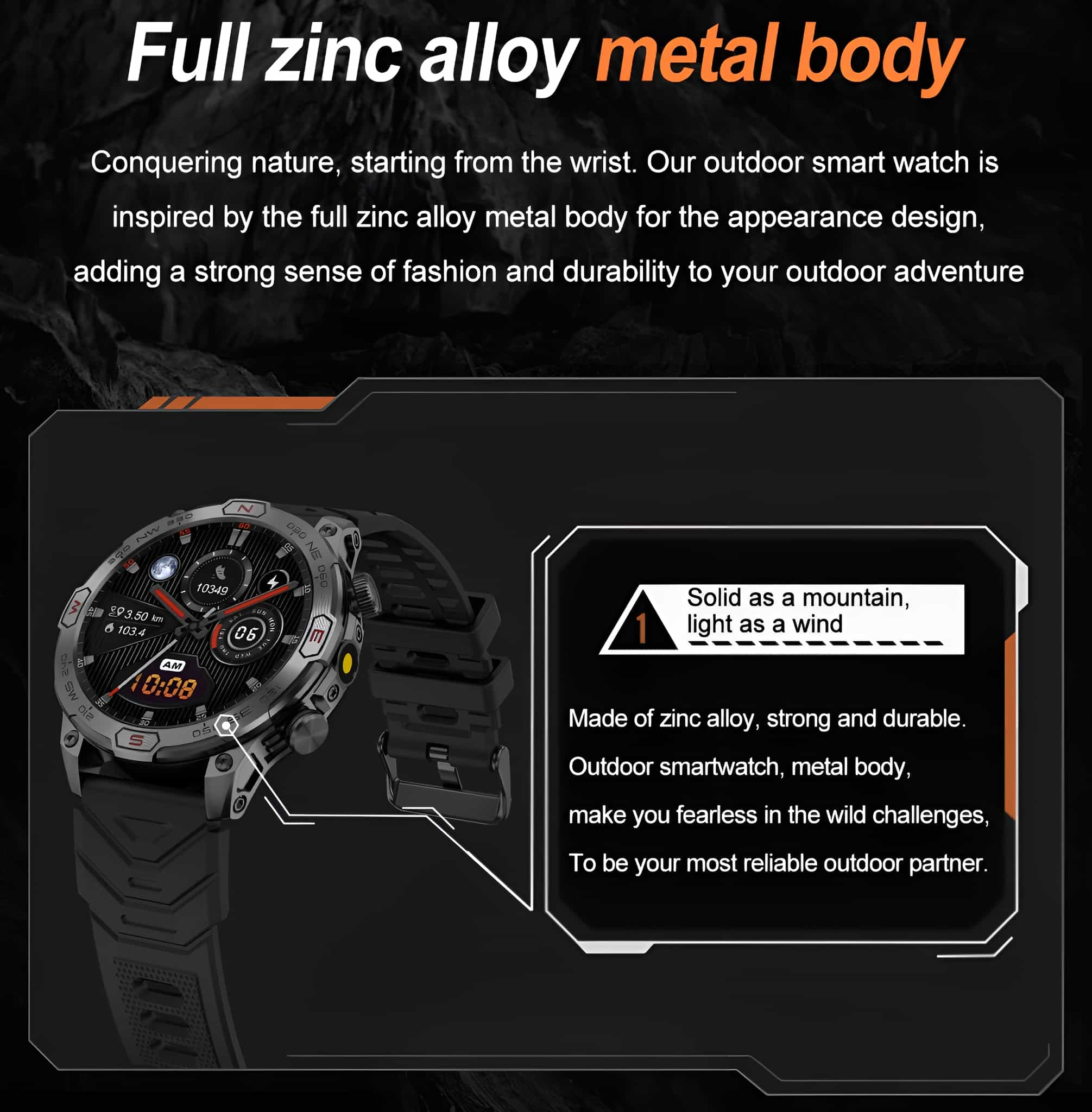 Eine schwarze Smartwatch mit schwarzem Armband und Hintergrund mit Text.