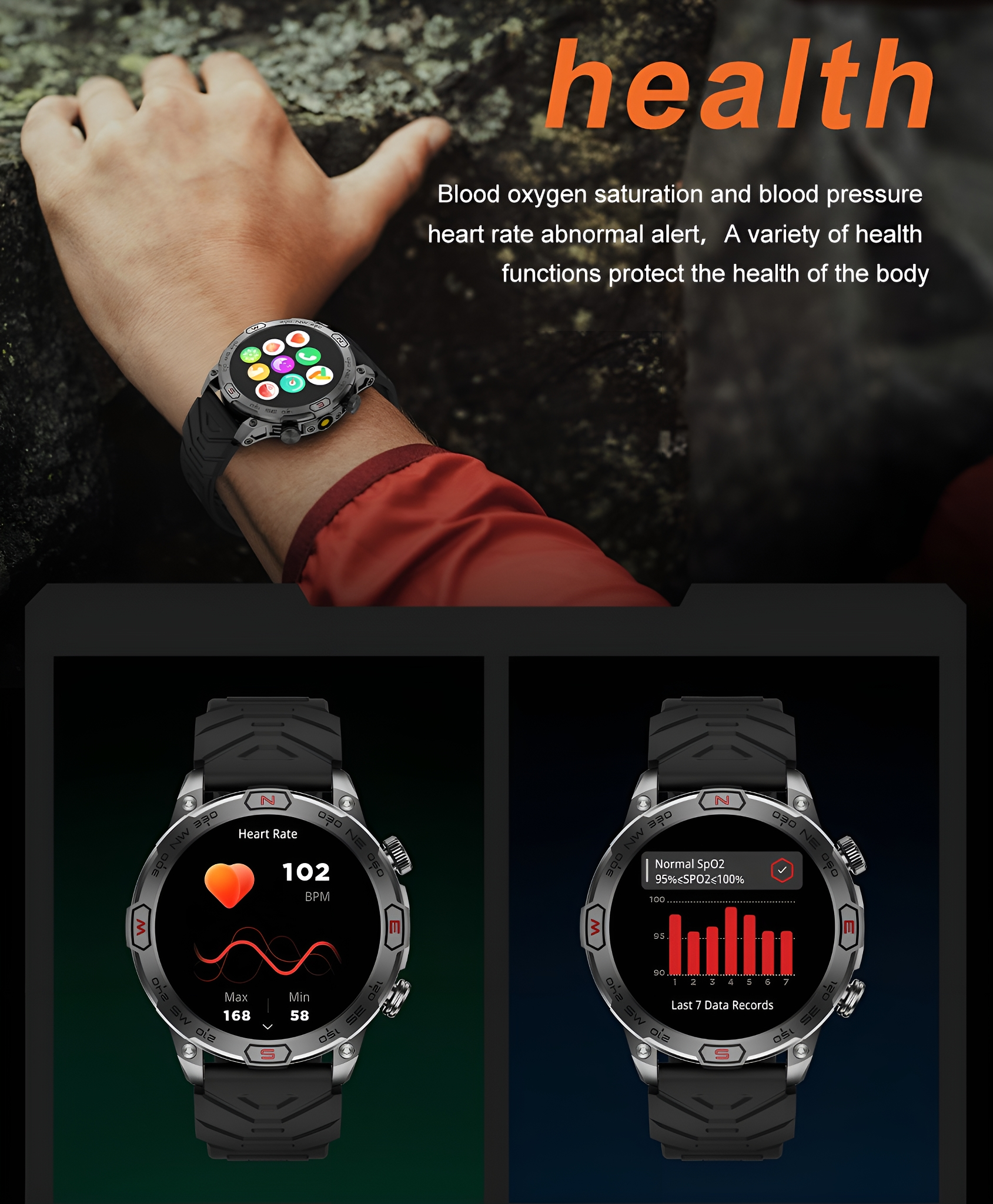 Smartwatch am Handgelenk mit Gesundheitsdaten. Zeigt Herzfrequenz, Blutsauerstoff und Blutdruckmesswerte.