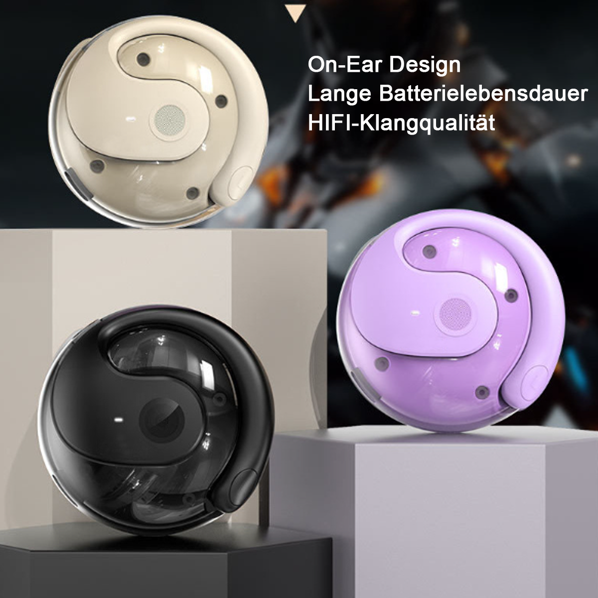 Drei Ohrhörer-Etuis in Creme, Schwarz und Lila. Text: 'On-Ear Design, Lange Akkulaufzeit, HiFi-Klangqualität'.