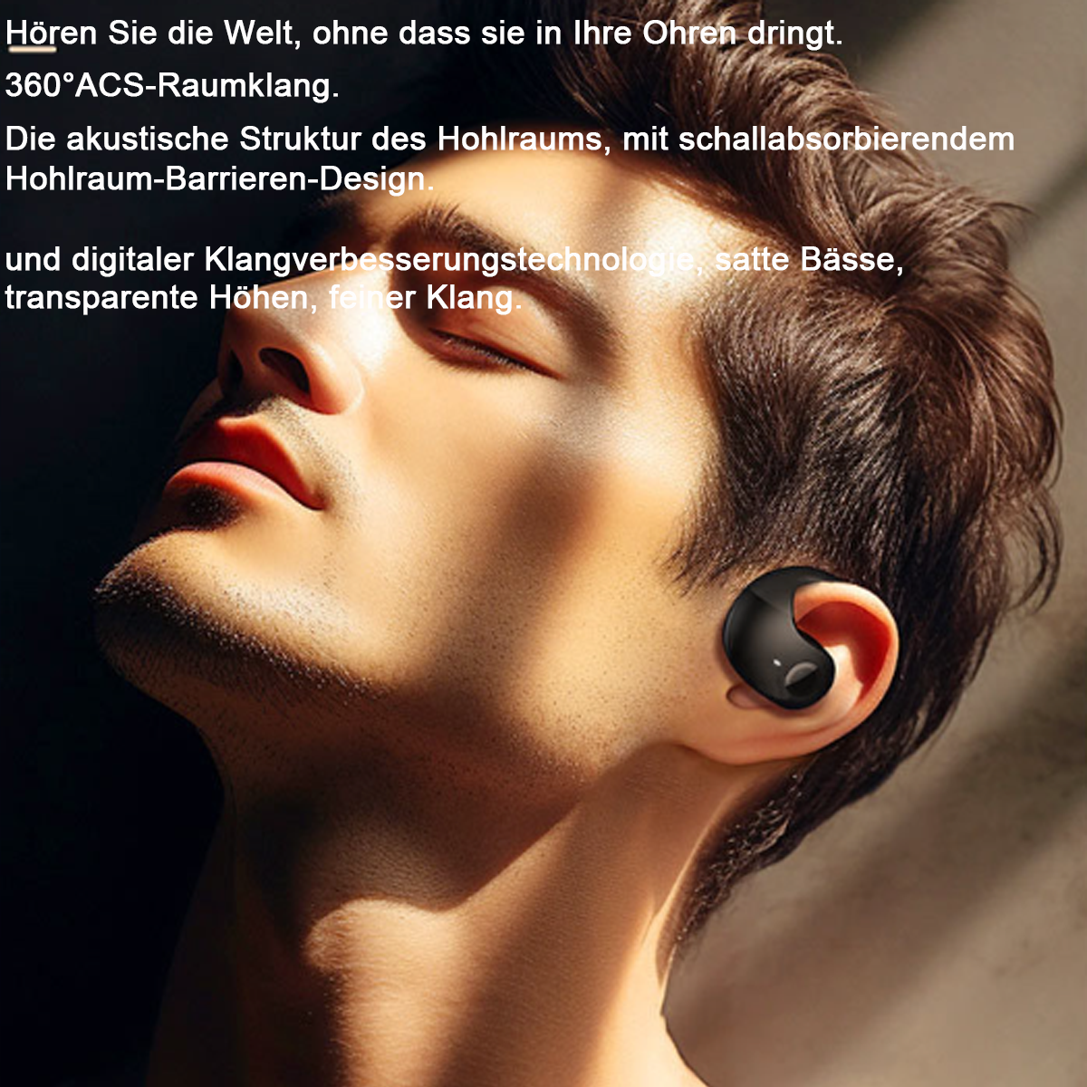 Mann mit schwarzem Ohrhörer im Ohr. Text über die Klangqualität. Weiche Beleuchtung, Hautton.