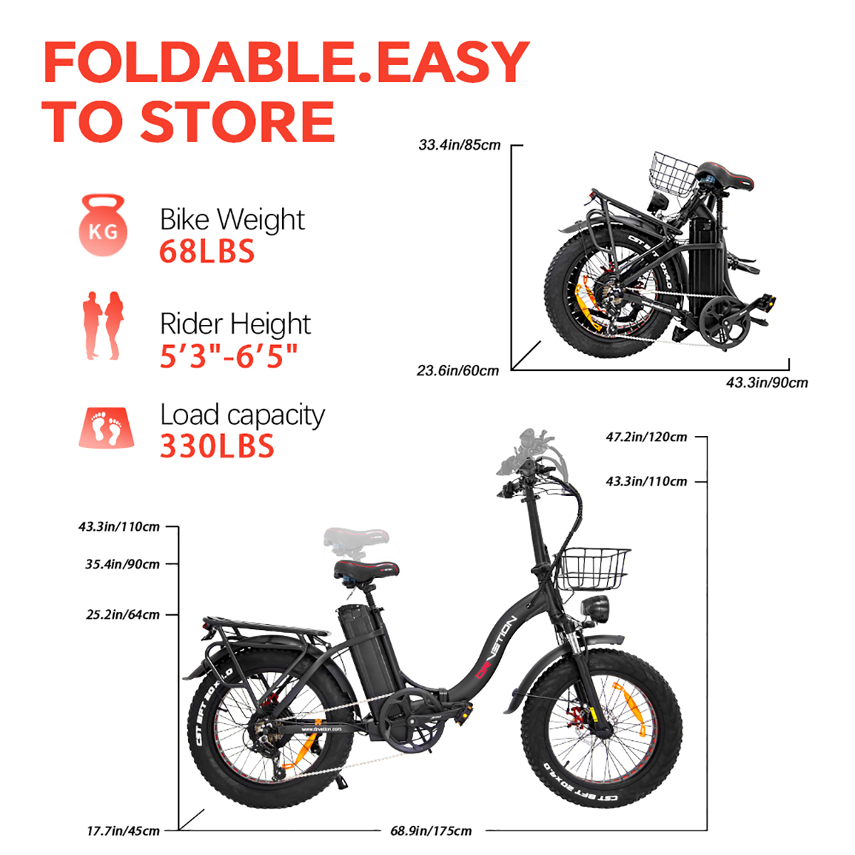 Schwarzes, faltbares E-Bike mit Abmessungen und Spezifikationen auf dem Bild.
