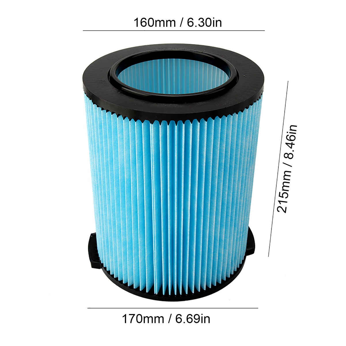 Luftfilter. Blauer Faltenfilter mit schwarzen Rändern. Abmessungen 160mm/6.30in, 215mm/8.46in, 170mm/6.69in.