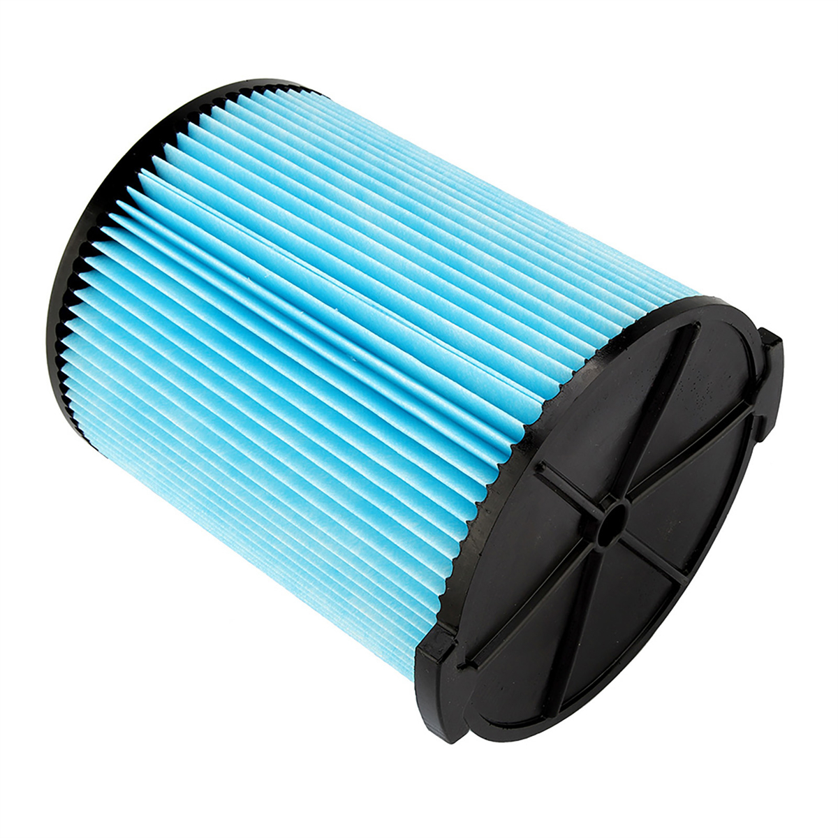 Blauer Staubsaugerfilter, zylindrische Form, mit schwarzen Enden und gefaltetem Filtermaterial.