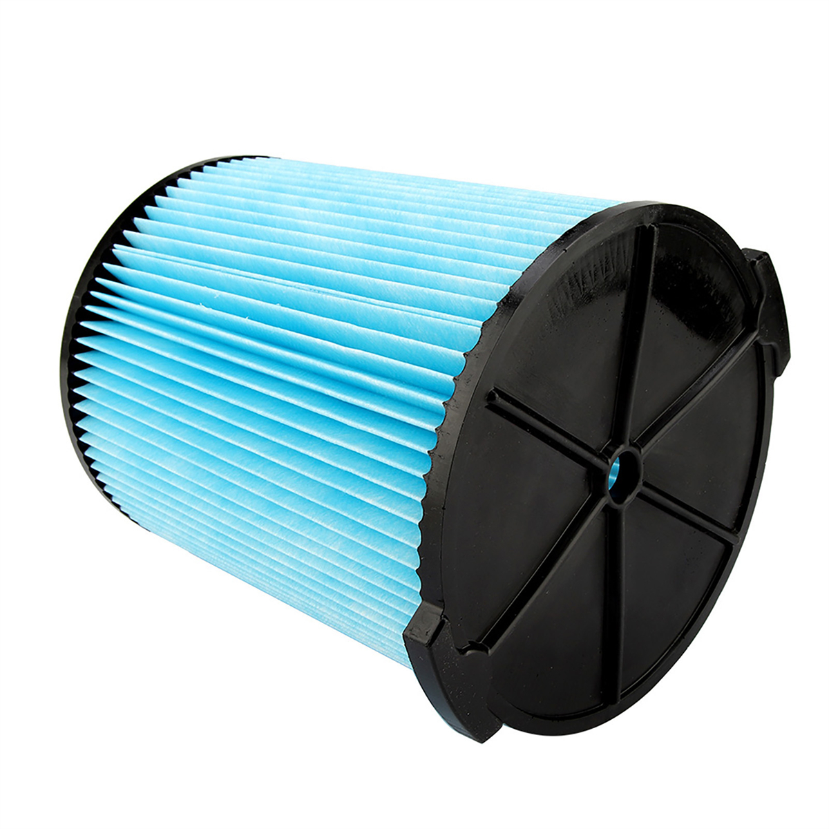 Ein zylindrischer blauer Luftfilter mit schwarzen Kunststoffenden, für die Luftfilterung konzipiert.