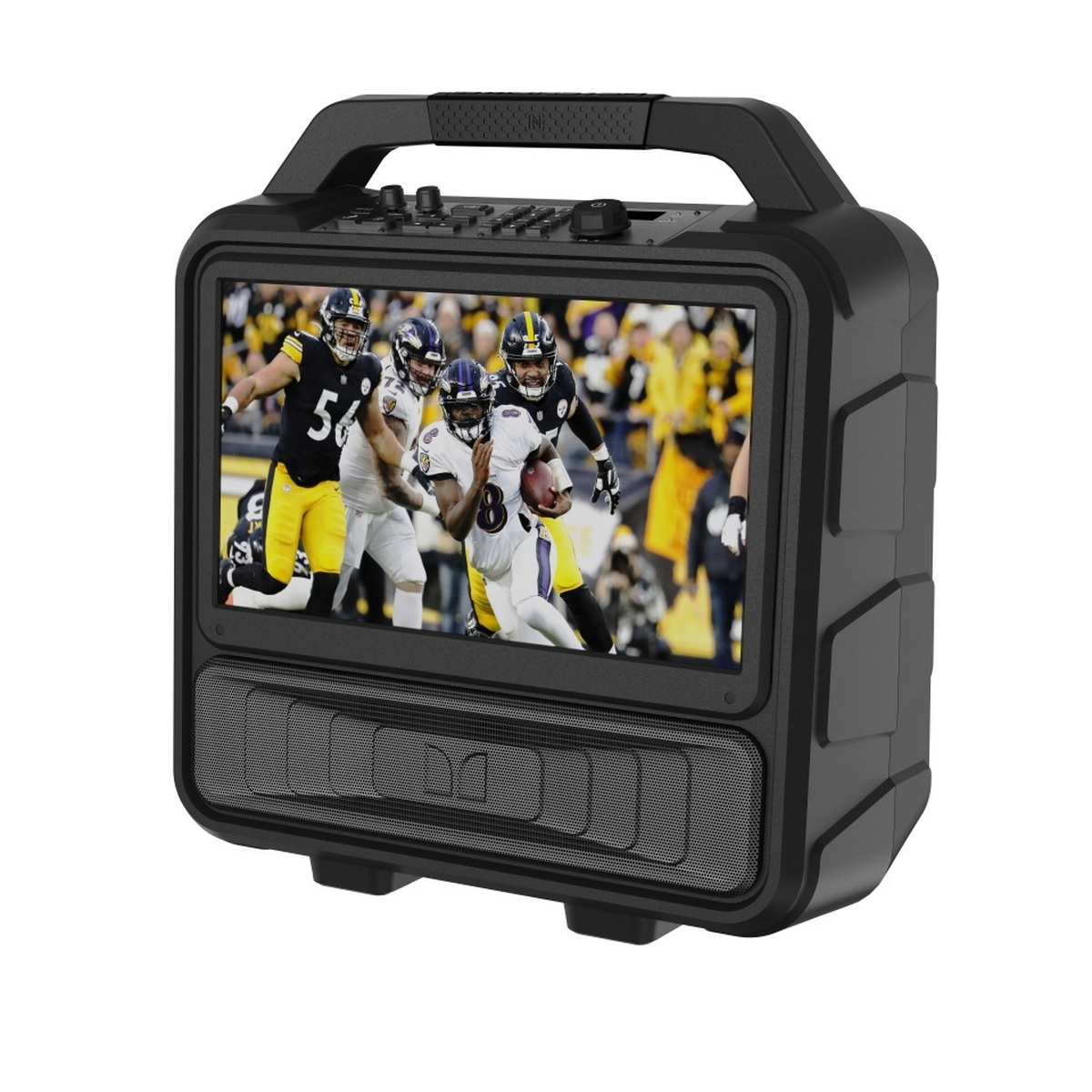 Czarny głośnik przenośny z ekranem wyświetlającym mecz piłki nożnej. Uchwyt na górze, głośniki na dole.