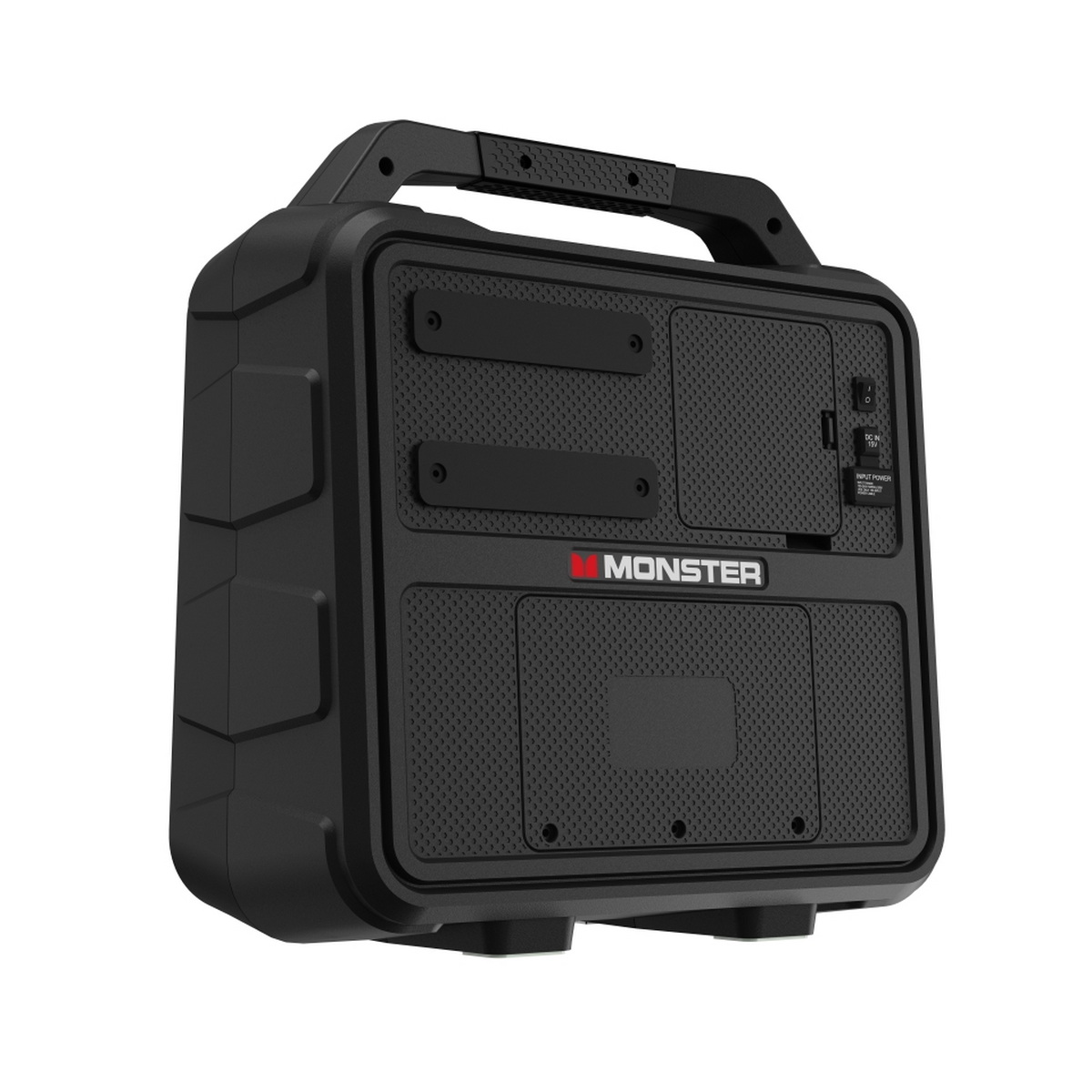 Czarny głośnik przenośny z uchwytem i napisem 'MONSTER' na przedniej stronie.