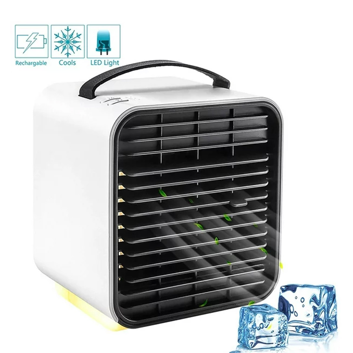 Weißer Luftkühler mit schwarzem Griff, Ventilator und Eiswürfeln. Wiederaufladbar, kühlt und hat LED-Licht.