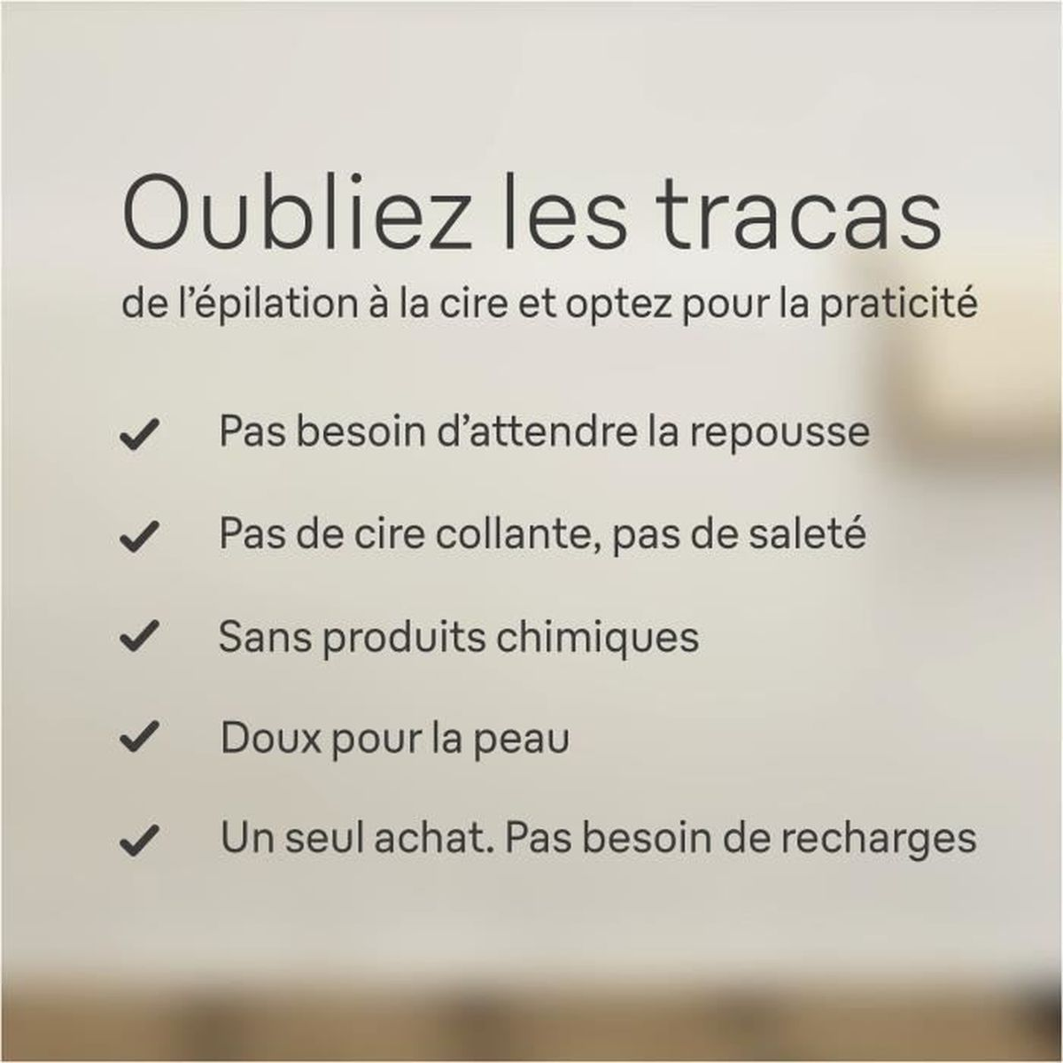 Tekst o depilacji, lista korzyści. Nie trzeba czekać na odrost, brak lepkiego wosku i więcej.