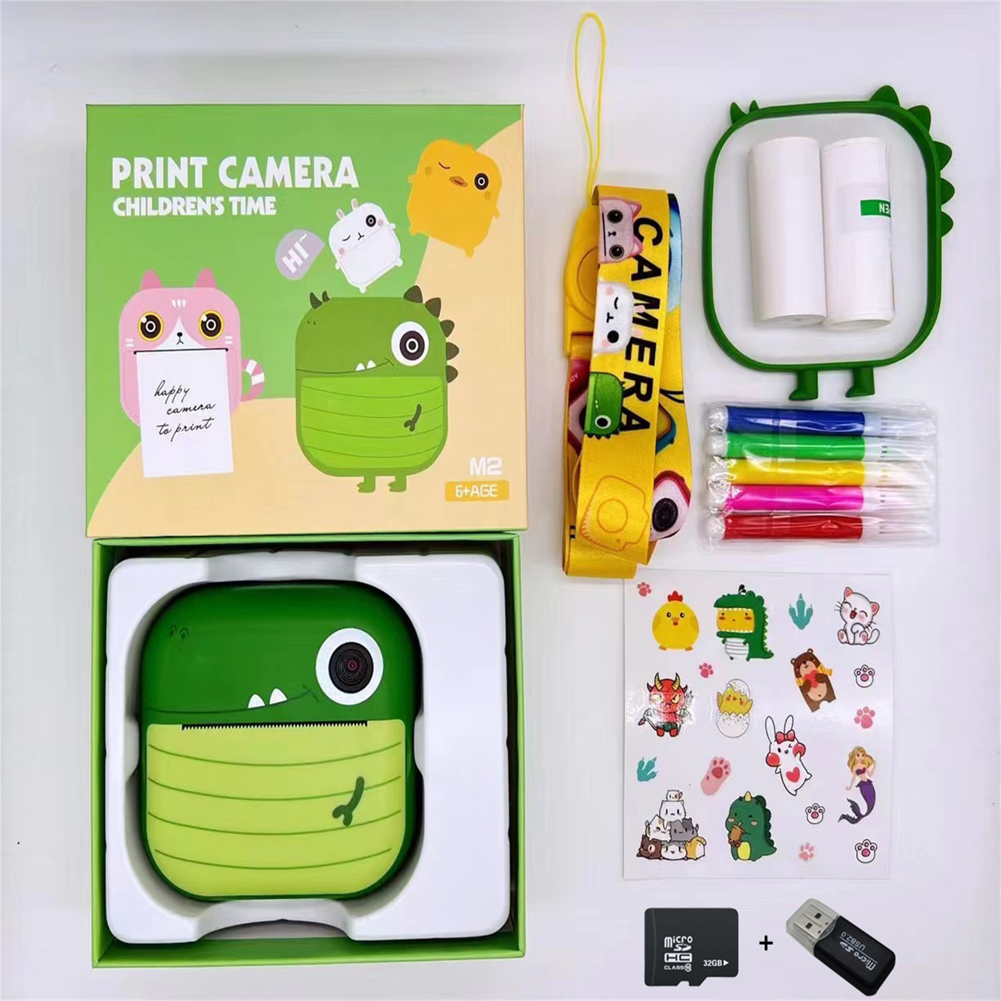 Druckkamera-Kit mit Kamera, Aufklebern, Papierrollen und Zubehör.