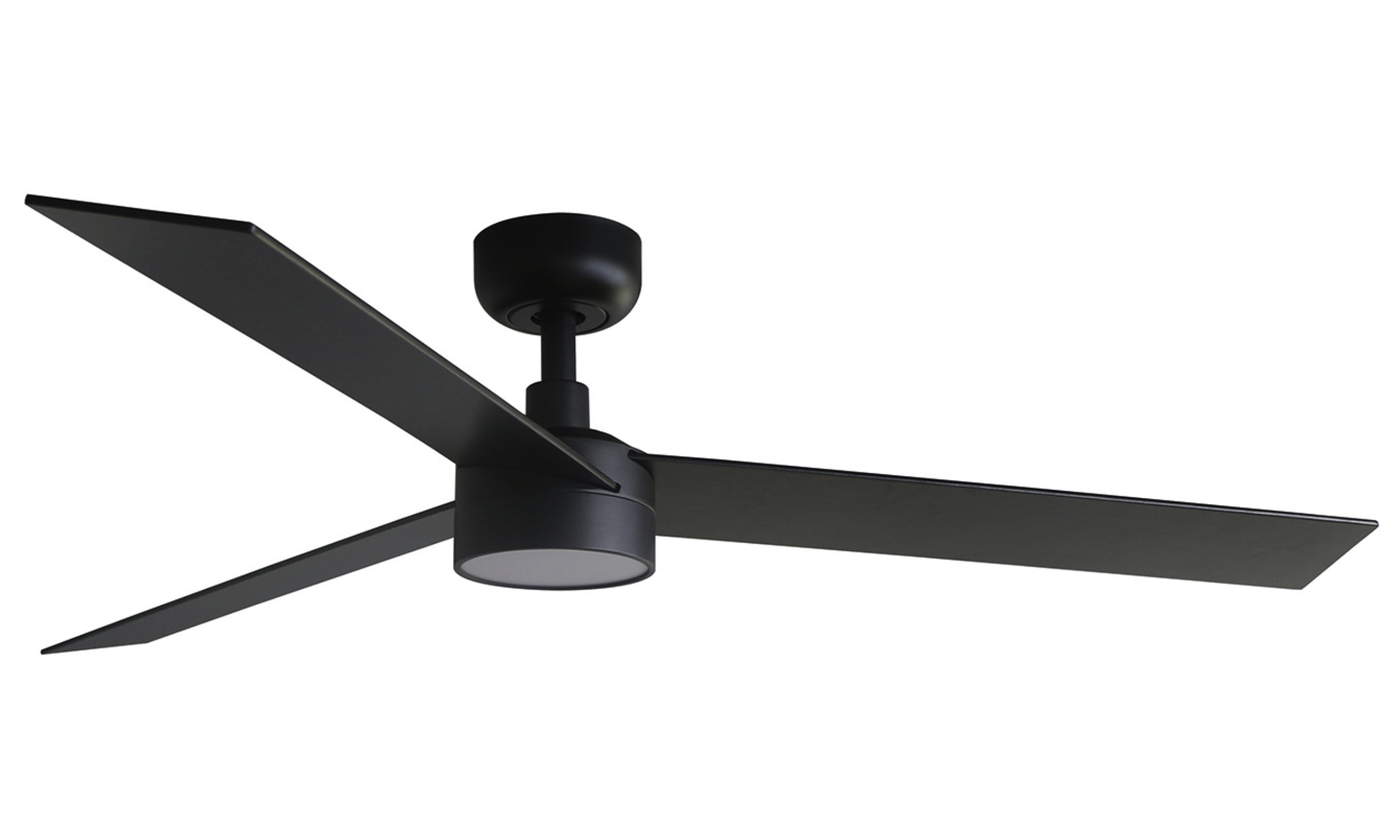 Ventilatore da soffitto nero con tre pale e luce centrale, su sfondo bianco.
