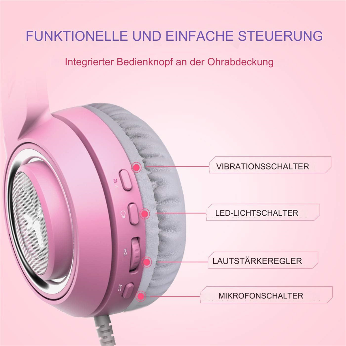 Rosa Kopfhörer mit Bedientasten, Textbeschriftungen und grauer gepolsterter Ohrmuschel.