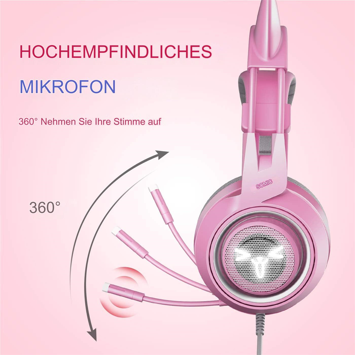 Pinke Kopfhörer mit Mikrofon. Text: 360° Nimm deine Stimme auf. Pfeile zeigen flexibles Mic.