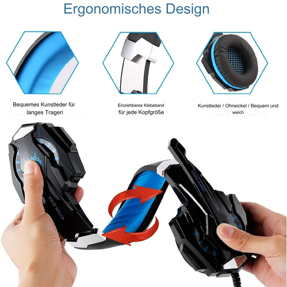 Kopfhörer mit ergonomischem Design, die Details des Kopfbands und der Ohrmuscheln zeigen.