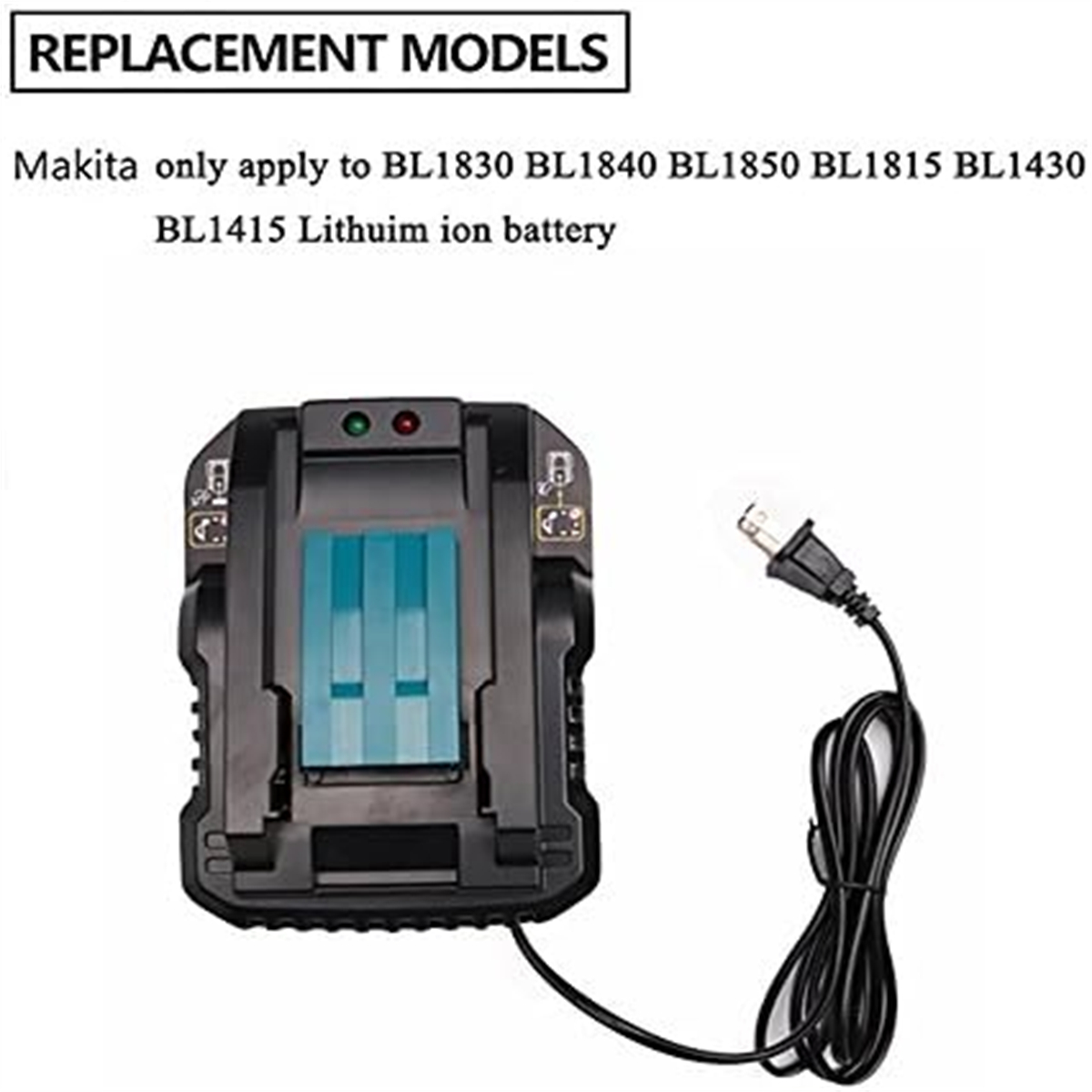 Ein schwarzes Ladegerät mit Ladeanschluss und weißem Netzkabel, mit dem Text 'REPLACEMENT MODELS'.