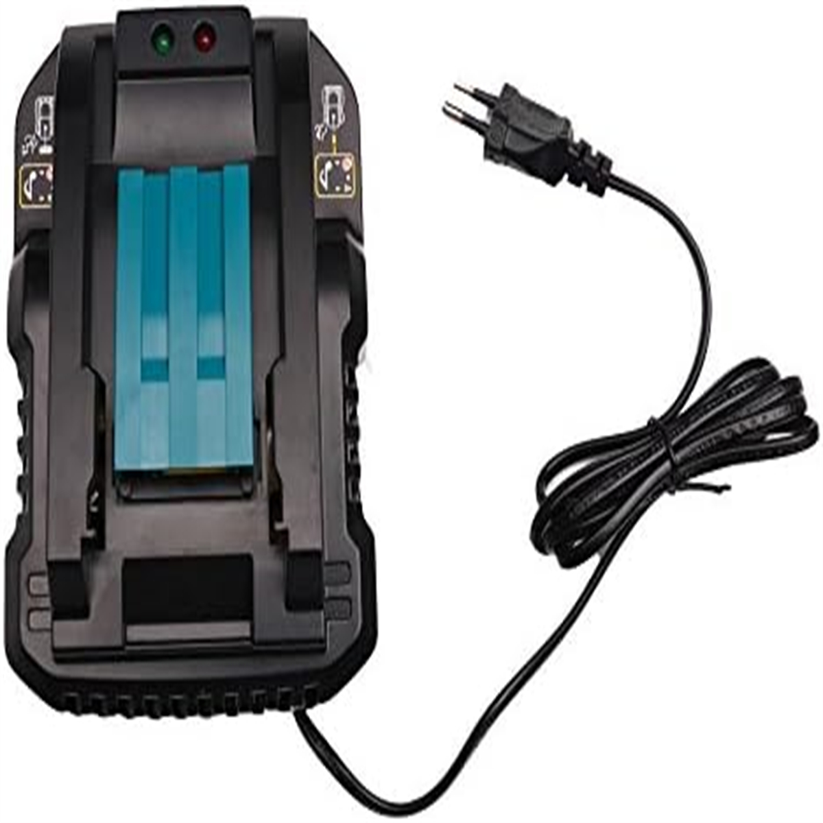 Schwarzes Ladegerät mit blaugrünem Akku und schwarzem Netzkabel mit Stecker.