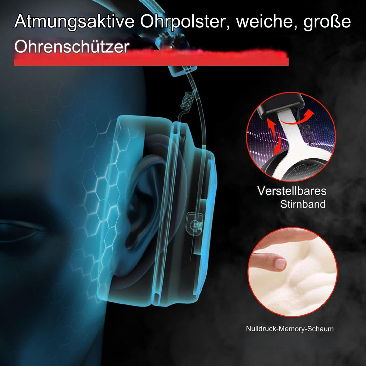 Ein Headset wird mit einer Nahaufnahme der Ohrmuschel und des verstellbaren Kopfbands gezeigt.
