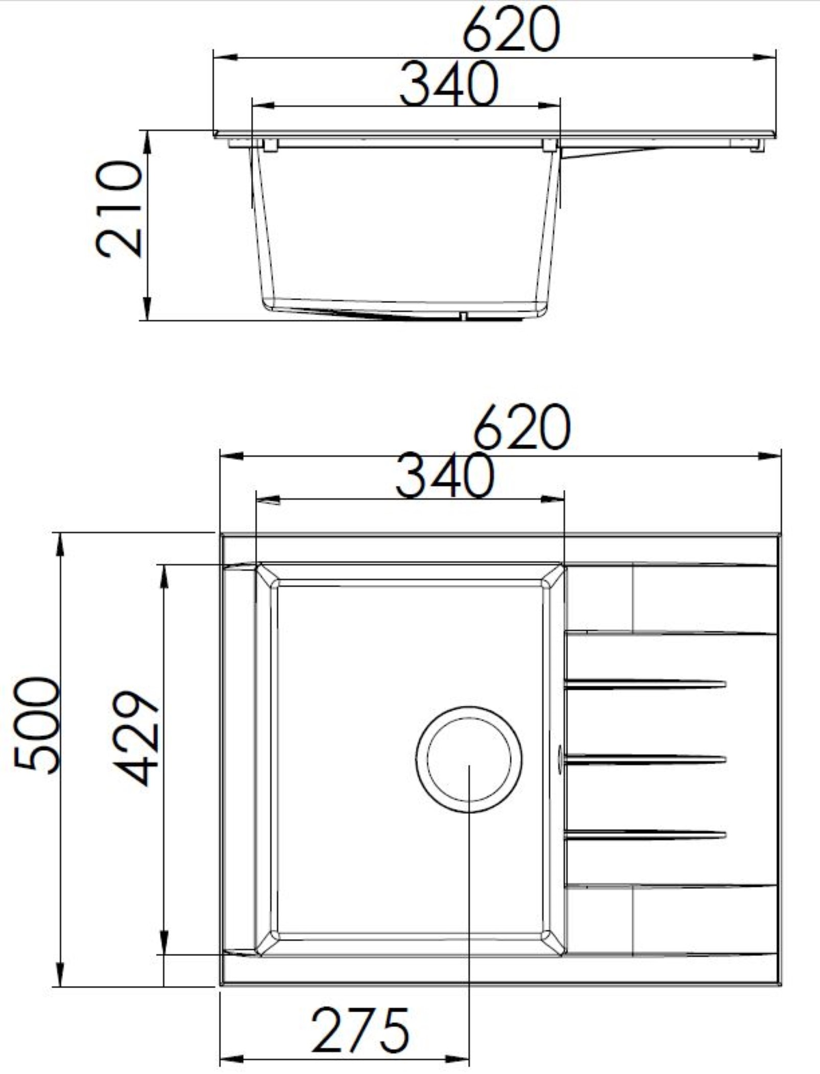 Disegno tecnico con dimensioni: vista dall'alto e frontale di un lavandino con misure.