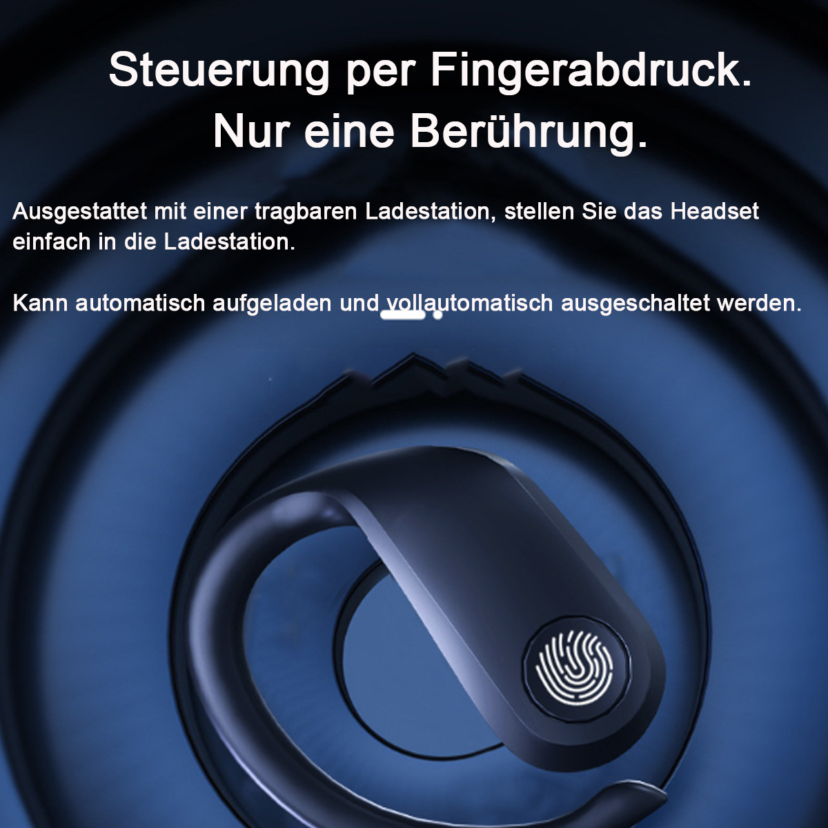 Kabellose Ohrhörer. Fingerabdruck-Touch-Steuerung. In Ladestation platziert.