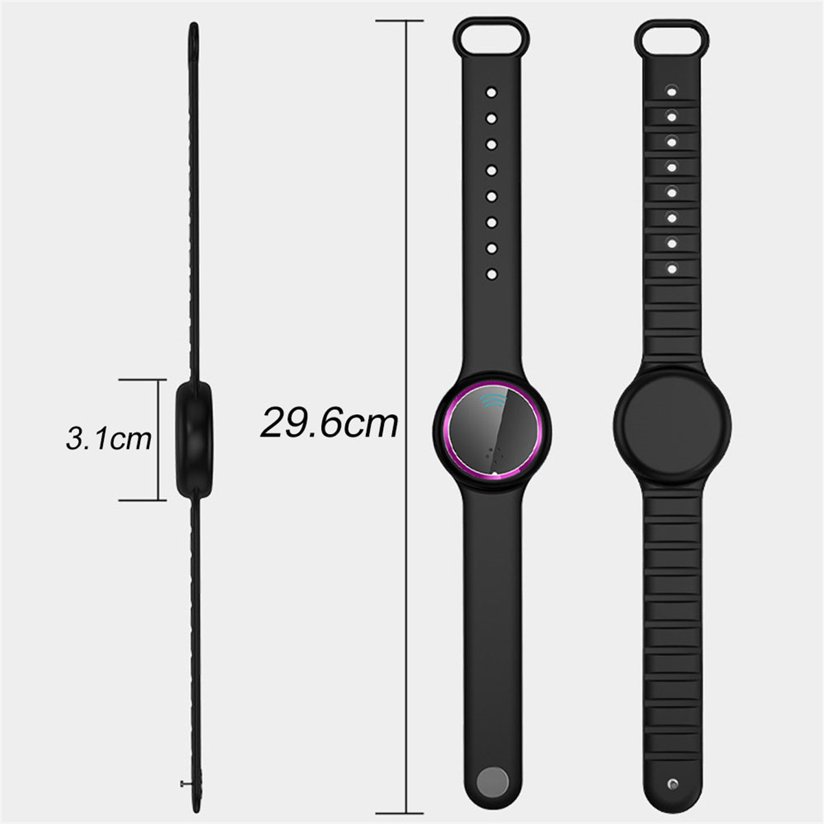 Schwarzes Armband mit rundem Display, Seiten- und Draufsicht, mit Markierungen.