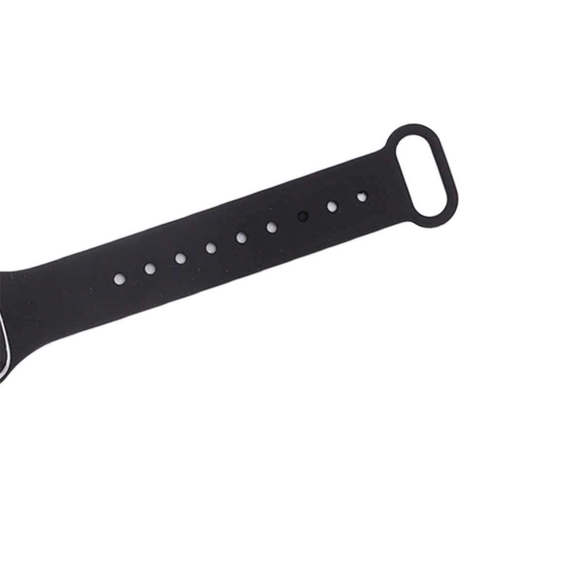 Schwarzes Uhrenarmband mit Löchern und Schnalle. Das Armband ist auf weißem Hintergrund.