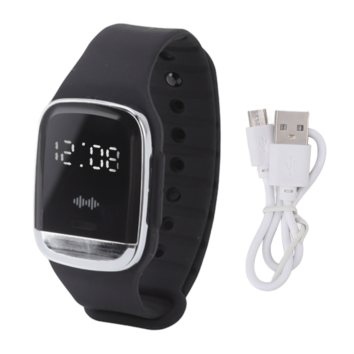 Eine schwarze Smartwatch mit Zeitanzeige, gepaart mit einem weißen USB-Ladekabel.