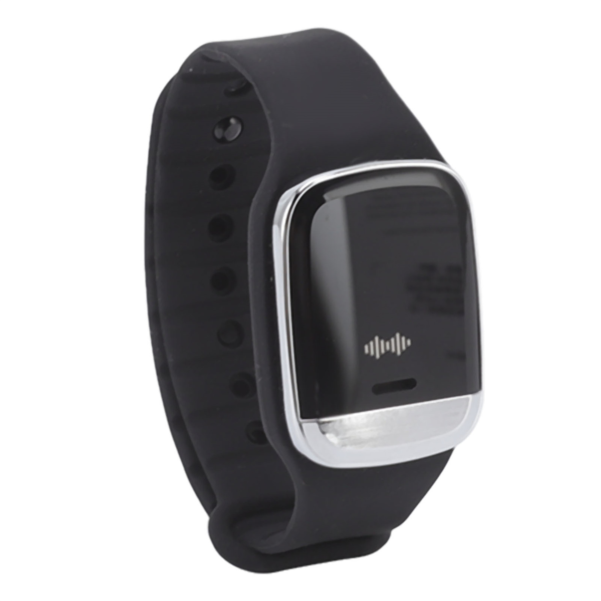 Ein schwarzer Fitnesstracker mit schwarzem Armband und silbernem Rahmen.