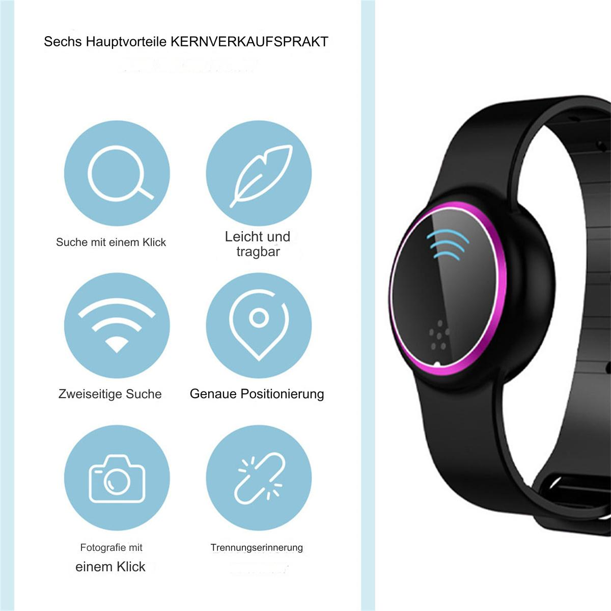 Schwarze Smartwatch mit sechs Funktionssymbolen, wie Suche, Licht und Positionierung, und eine Smartwatch.