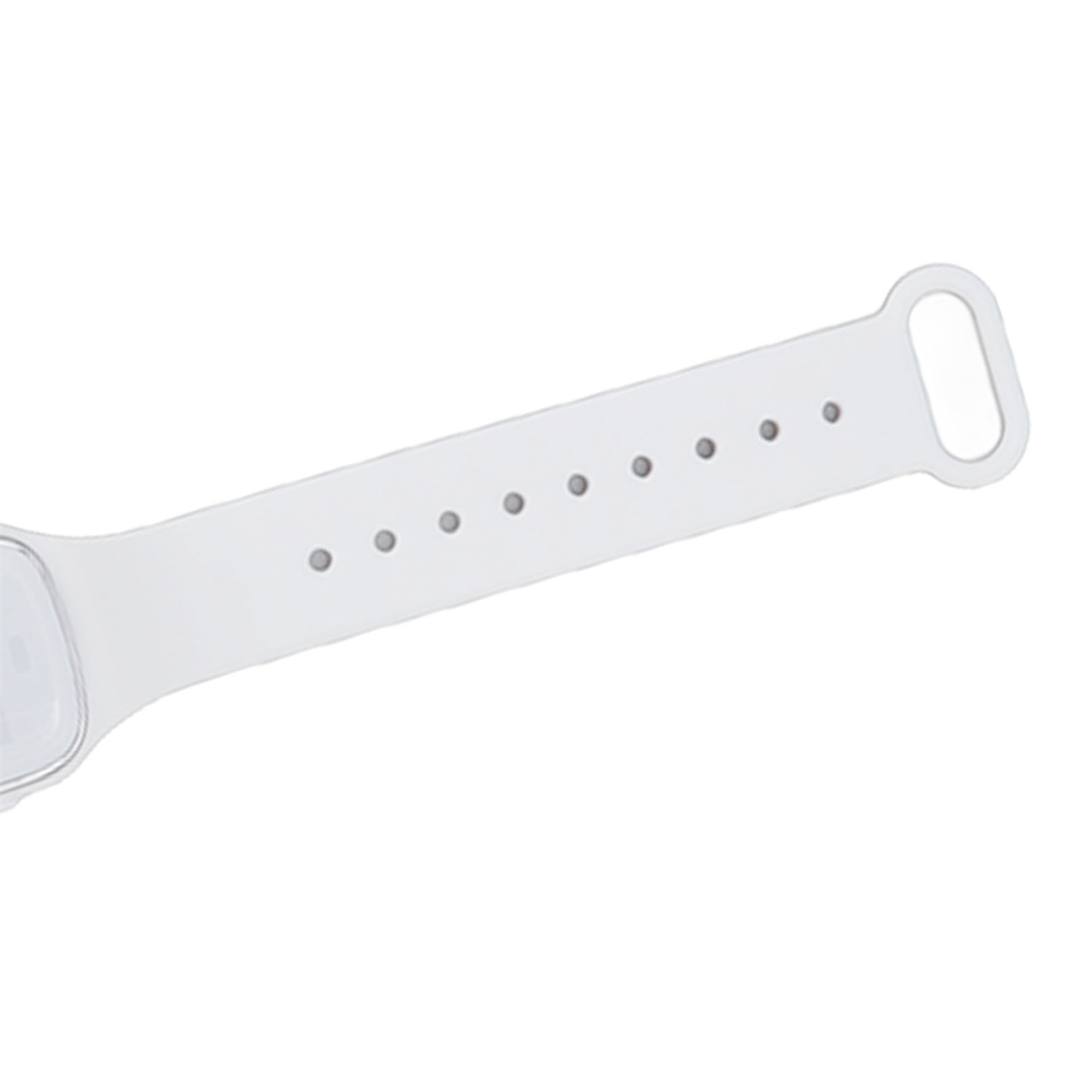 Weißes Uhrenarmband mit gleichmäßig verteilten Löchern und einer Schlaufe für das Uhrengehäuse.