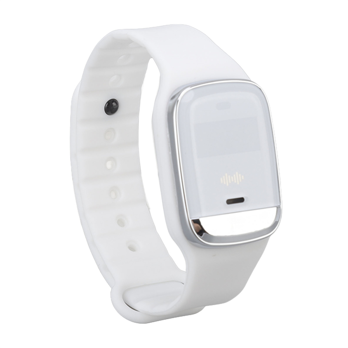 Weiße Smartwatch mit rechteckigem Bildschirm und weißem Armband.