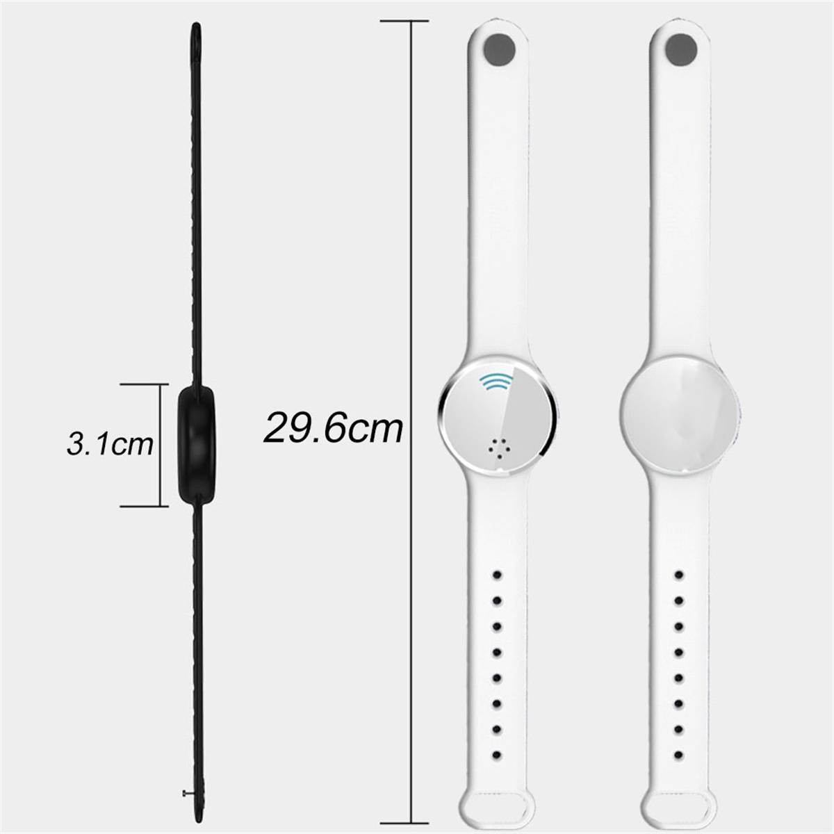 Weißes Armband mit schwarzem Band, Maße angezeigt. Zwei ähnliche Armbänder nebeneinander.