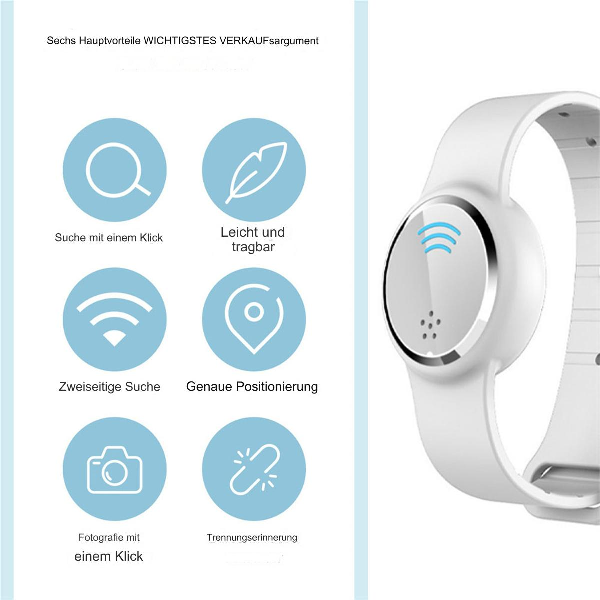 Eine weiße Smartwatch mit weißem Armband und Symbolen für Funktionen. Der Hintergrund ist weiß.