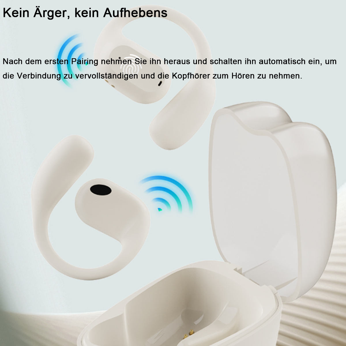 Weiße kabellose Ohrhörer und Hülle. Ohrhörer haben ein einzigartiges Haken-Design. Text: Kein Ärger, kein Aufwand.