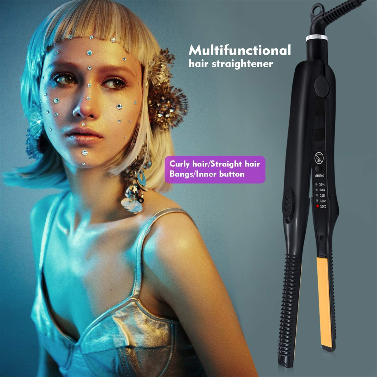 Eine Frau mit Edelsteinen im Gesicht neben einem Haarglätter. Der Glätter ist schwarz und goldfarben.