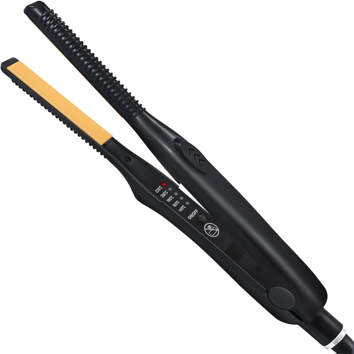 Schwarzer Haarglätter mit orangefarbener und schwarzer Heizplatte und Temperatureinstellungen.