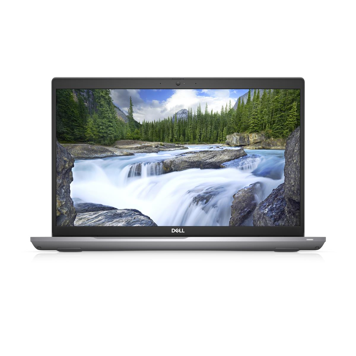 Un portátil plateado con una pantalla que muestra una escena de cascada, sobre un fondo blanco.