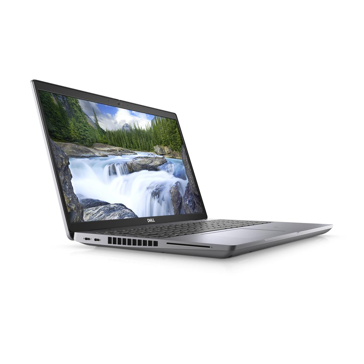 Una computadora portátil plateada está abierta sobre una superficie blanca. Una escena de cascada está en la pantalla.
