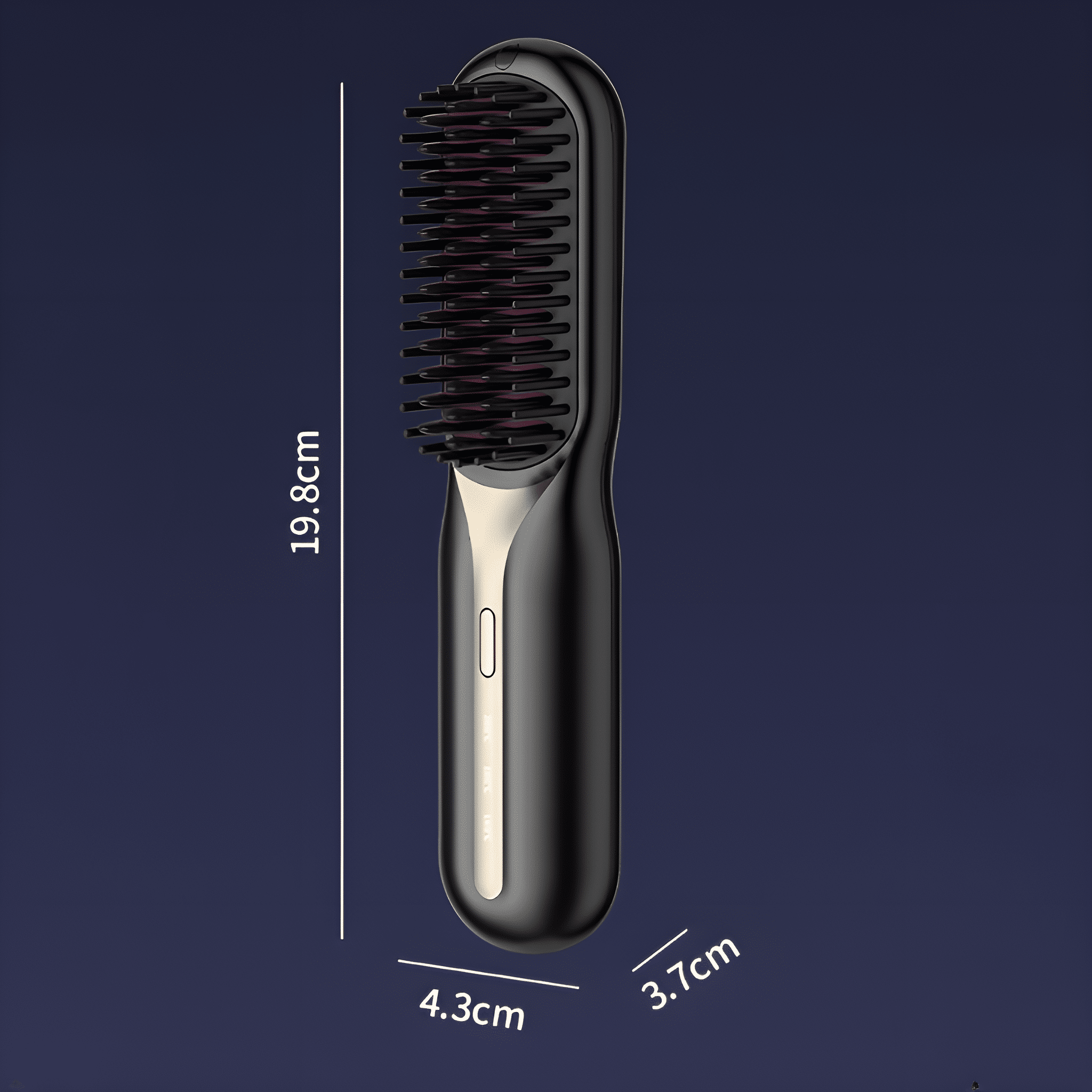 Schwarze Haarglättungsbürste. Maße angegeben: 19,8 cm hoch und 4,3 cm breit.