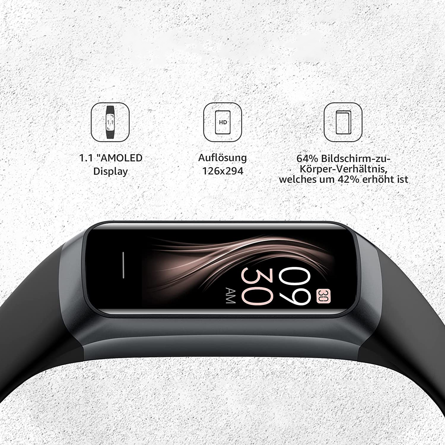 Schwarzer Fitnesstracker mit Anzeige von Uhrzeit und Symbolen, auf strukturiertem Hintergrund.
