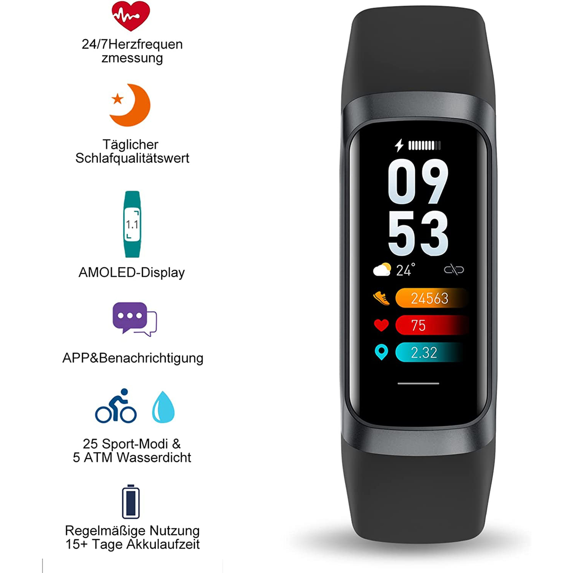 Schwarze Smartwatch mit Uhrzeit, Herzfrequenz, Schritten und anderen Gesundheitsmetriken sowie Funktionssymbolen.